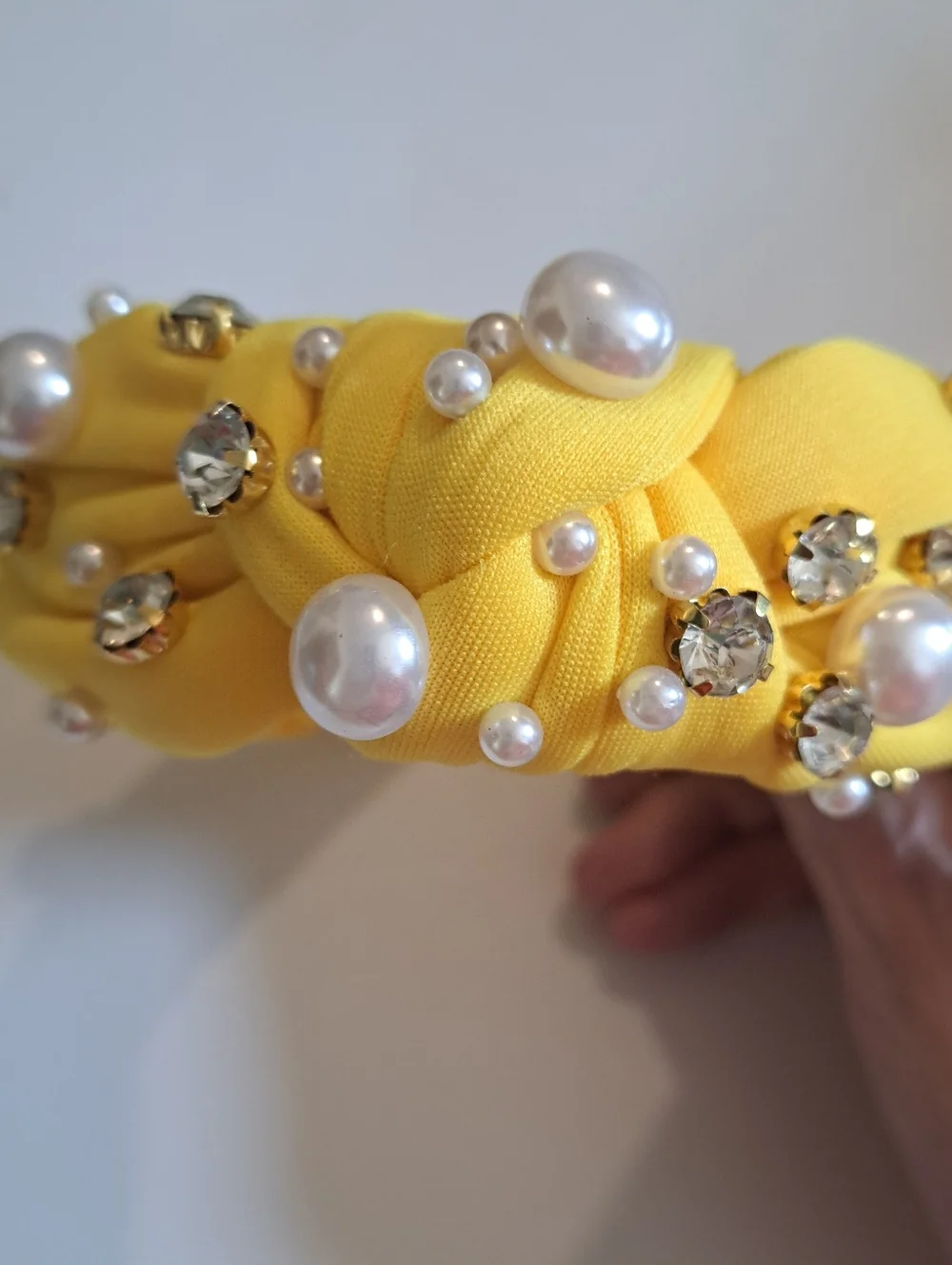 Yellow Faux Pearl & Rhinestone Knotted Headband - Wide, Solid Color